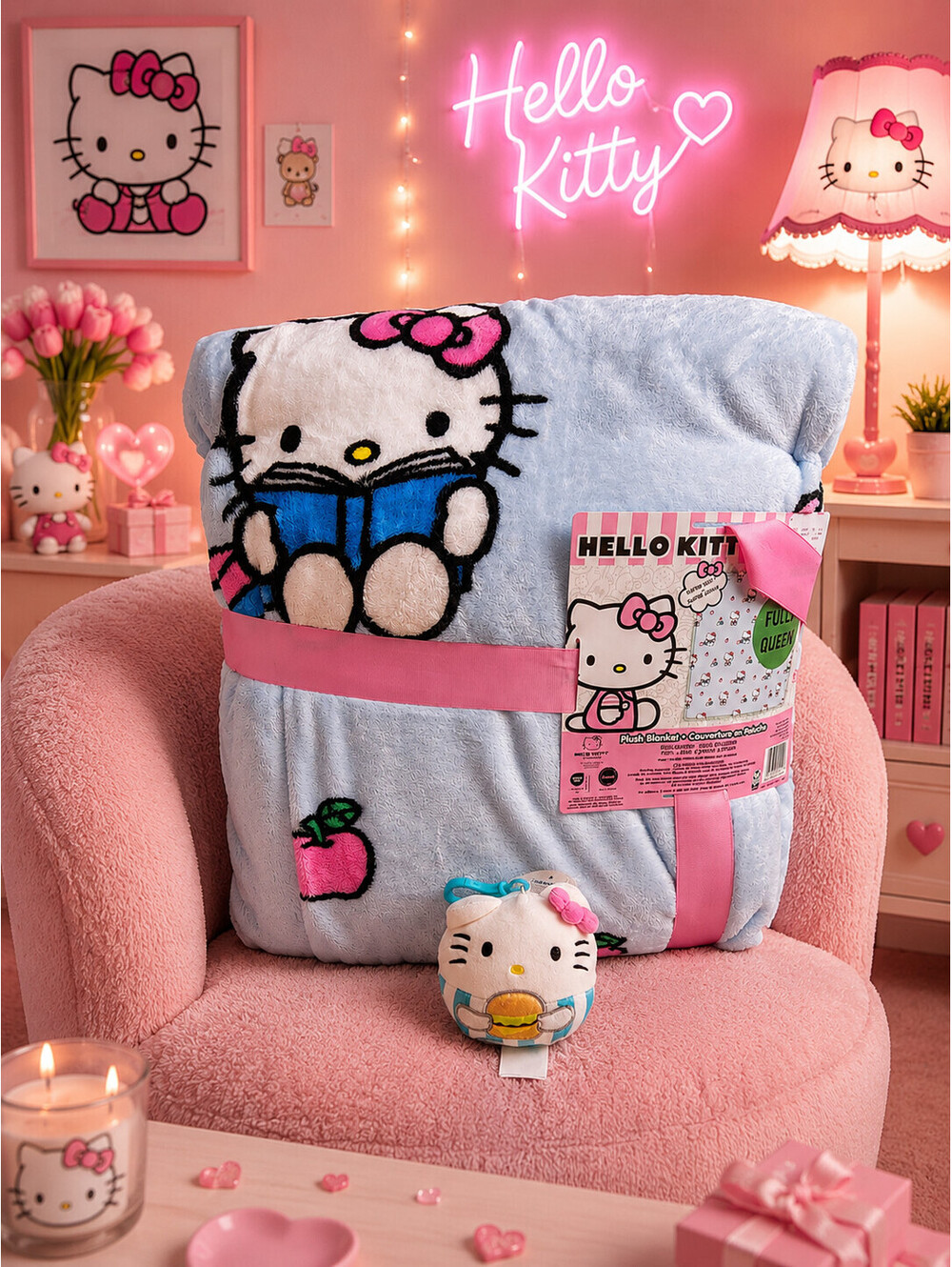 🙀HELLO KITTY FULL QUEEN APPLES AND BOOK PLUSH BLANKET W PLUSH MASCOT CLIP!